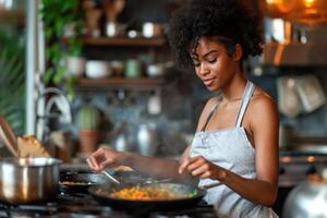 ai généré une Jeune africain américain fille est cuisine dans le cuisine à Accueil photo