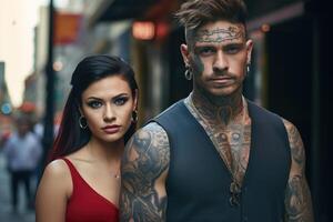 ai généré tatoué homme et femme sur une ville rue dans le après midi photo