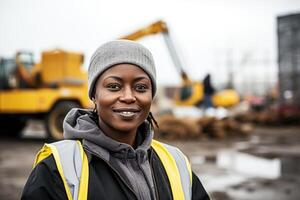 ai généré une femme ingénieur, constructeur ou architecte dans une casque contre le Contexte de une construction site photo