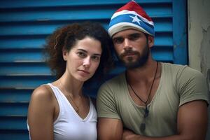 ai généré portrait de une homme et une femme patriotes de leur pays contre le Contexte de une ville rue photo