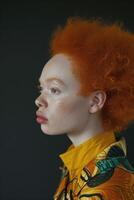 ai généré portrait de un albinos africain fille avec rouge cheveux fermer photo