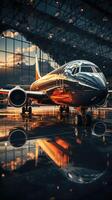 ai généré une grand passager avion des stands dans un aéroport hangar photo