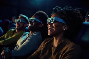 ai généré copains souriant avec des lunettes sont attentivement en train de regarder une film dans le cinéma photo