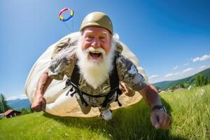 ai généré un émotif parachutiste a atterri sur le sol avec le sien parachute ouvert photo