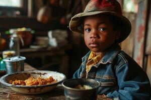 ai généré une enfant est dans le cuisine à le table avec aliments. fait maison aliments. le déjeuner photo