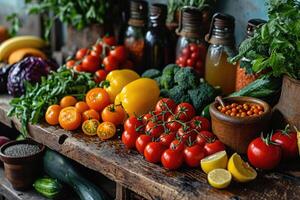 ai généré des légumes et des fruits sont posé en dehors dans une assiette sur le cuisine tableau. le concept de en bonne santé en mangeant photo