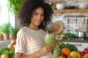 ai généré un africain Enceinte femme détient une verre de vert smoothie dans sa mains contre le Contexte de le cuisine photo