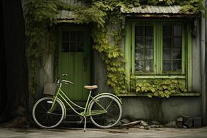 ai généré une élégant vert bicyclette des stands près un vieux vert maison photo