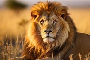 ai généré une grand Lion mensonge sur le herbe contre le Contexte de le savane photo