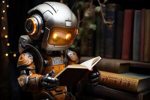 ai généré robot en train de lire livre dans foncé alentours sans pour autant lumières, robotique La technologie photo