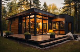 ai généré marron et noir en bois bungalow maison avec entrée et toit, minuscule maisons image photo