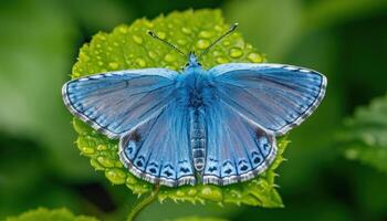 ai généré magnifique commun bleu papillon repos sur une vibrant vert feuille dans nature, bébé animaux image photo