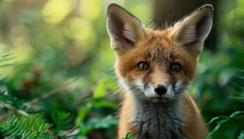 ai généré curieuse rouge Renard chiot explorant le vert forêt, bébé animaux image photo