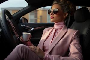 ai généré femme jouit une siroter de café tandis que habilement pilotage sa voiture, Urbain transport image photo