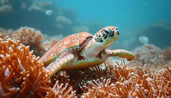 ai généré coloré corail récif paysage avec une gracieux vert tortue nager parmi vibrant sous-marin vie, sous-marin Marin la vie image photo