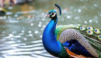 ai généré majestueux paon avec éventé en dehors plumes près le eau, bébé animaux photo