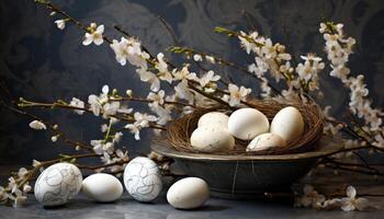 ai généré vibrant décoratif des œufs et gracieux saule branches créer un enchanteur printemps arrangement, paume dimanche salutations concept photo