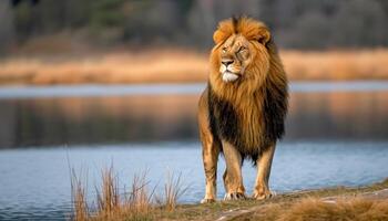 ai généré fier Lion permanent par l'eau affichage royal majesté dans ses habitat, majestueux gros chats image photo