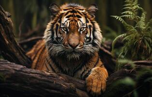 ai généré majestueux tigre assise sur une arbre souche, majestueux gros chats photo