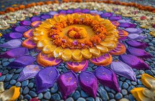 ai généré expérience le animé transformation de Inde rangoli festival, gudi padwa traditionnel décoration image photo