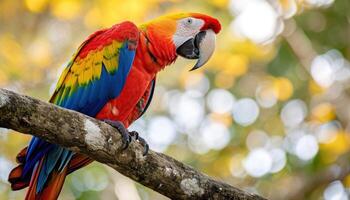 ai généré coloré ara perchoirs sur une arbre bifurquer, bébé animaux image photo