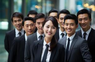 ai généré Japonais hommes d'affaires permanent ensemble tout avec souriant visages dans une harmonieux groupe, réconciliation acceptation image photo