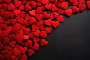 ai généré rouge cœurs sur une noir Contexte pour content la Saint-Valentin journée Haut vue avec copie espace pour texte. photo