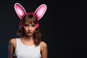 ai généré femme portant lapin oreilles pose dans une blanc Haut rayonnant espiègle charme et amusement vibrations, Pâques mode image photo