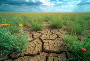 ai généré une Dénudé paysage avec fissuré saleté et flétri herbe, l'eau rareté image photo