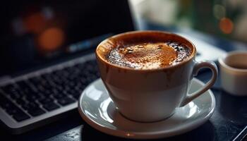 ai généré café tasse et portable sur noir tableau, image de café photo