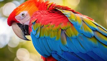 ai généré vibrant plumes de vert ailé ara en haut fermer, bébé animaux image photo