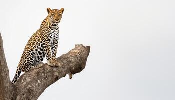 ai généré léopard séance calmement sur une arbre observer alentours dans le sauvage jungle habitat, majestueux gros chats image photo