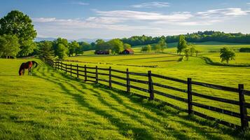 ai généré Divisé rail clôture s'étire à travers le campagne, partage le luxuriant vert des champs, et cheval broute pacifiquement proche, longue exposition la photographie ai généré photo