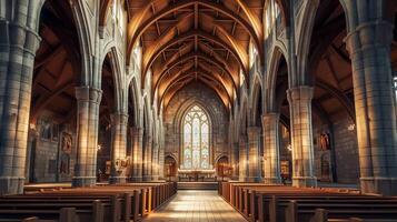 ai généré image de grandiose cathédrale intérieur avec imposant pierre arcs. bois bancs devrait être aligné ai généré photo