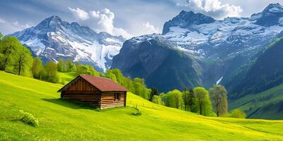 ai généré serein Naturel paysage avec petit bois cabine niché dans le premier plan. le cabine devrait être situé sur luxuriant vert colline, avec imposant neige plafonné montagnes Contexte ai généré photo