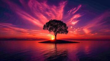 ai généré photo de solitaire arbre silhouette contre vibrant coucher de soleil, permanent sur petit colline entouré par calme des eaux, des nuages devrait être épars à travers le ciel ai généré