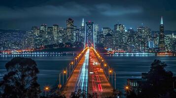 ai généré magnifiquement illuminé pont à nuit, avec le ville lumières dans le Contexte ai généré photo