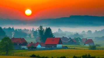 ai généré image de paisible village à le coucher du soleil. le Soleil devrait apparaître grand, brillant, et à la perfection rond ai généré photo