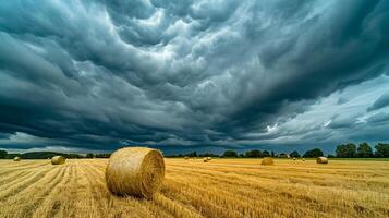 ai généré cette est un image de vaste champ avec épars foins balles en dessous de spectaculaire nuageux ciel. le ciel au dessus est rempli avec épais, foncé des nuages indiquant un imminent orage ou pluie ai généré photo