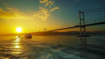 ai généré vue de une bateau traversée une rivière avec une suspension pont couvrant il à le coucher du soleil ai généré photo