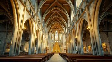 ai généré image de grandiose cathédrale intérieur avec imposant pierre arcs. bois bancs devrait être aligné ai généré photo