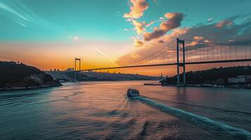 ai généré vue de une bateau traversée une rivière avec une suspension pont couvrant il à le coucher du soleil ai généré photo