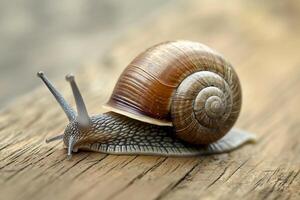 ai généré escargot lentement en mouvement à travers une en bois surface. ai généré photo