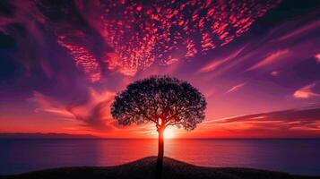 ai généré photo de solitaire arbre silhouette contre vibrant coucher de soleil, permanent sur petit colline entouré par calme des eaux, des nuages devrait être épars à travers le ciel ai généré