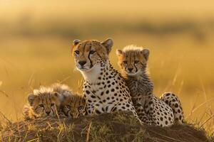 ai généré guépard avec sa petits repos sur une monticule dans le sauvage, baigné dans le d'or lumière de le en hausse Soleil ai généré photo