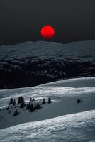 ai généré neigeux montagnes entouré par symétrie, dans le centre est noir et rouge soleils de le soir. minimaliste chinois classique style ai généré photo
