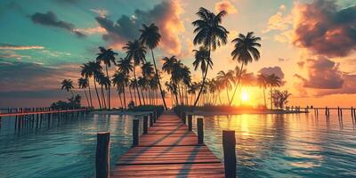 ai généré promenade avec paume des arbres dans tropical île à coucher de soleil, dans le style de luxueux ai généré photo