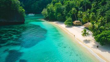 ai généré photo de une tropical paysage avec paume des arbres et bleu mer, blanc sables, vert paume des arbres ai généré