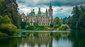 ai généré photo de majestueux Château comme structure, entouré par luxuriant verdure et serein corps de l'eau. le bâtiment plusieurs tours avec pointu toits, et vert les toits. ai généré