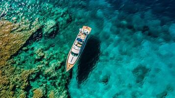 ai généré aérien drone Haut vers le bas ultra large photo de luxe yacht ancré dans tropical exotique île ai généré